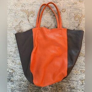 Linea Pelle Vibrant Orange and Dark Brown Tote